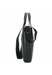 Schwarze Leder-Schultertasche mit rechteckiger Form, schwarzem Stoffgurt und glatter Textur. Verfügt über einen oberen Griff und ein minimalistisches Design.