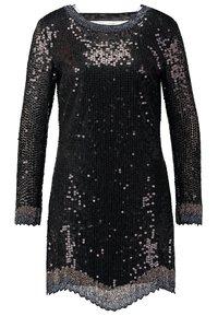 Robe noire en sequins avec manches longues, col rond et ourlet festonné. Présente un éclat progressif et des sequins texturés sur toute la surface.