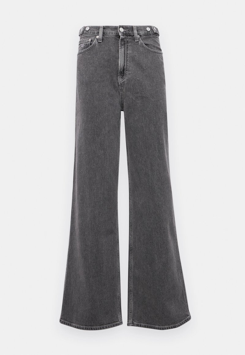 Schwarze hochgeschnittene, weit geschnittene Jeans aus Denim. Verfügt über einen Knopf- und Reißverschluss, fünf Taschen und ein sauberes, strukturiertes Finish.
