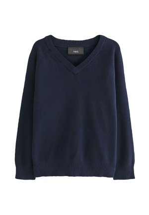 Navy blue V-neck long-sleeve knit sweater with ribbed cuffs and hem, labeled "next" inside the collar.