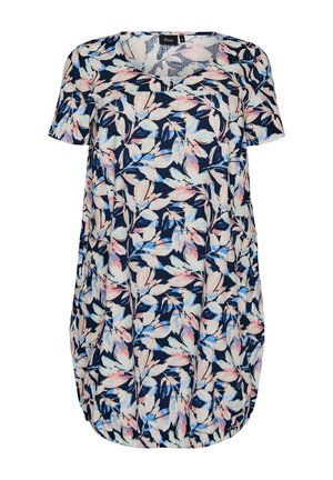 Kurzärmeliges Kleid mit marineblauem Grundton und pastellfarbenem Blumenmuster in Weiß, Rosa und Hellblau, mit rundem Ausschnitt und gerafftem Saum.