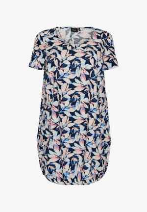 Kortærmet kjole med navyblå bund og pastelfarvet blomsterprint i hvid, pink og lyseblå, med rundet halsudskæring og rynket kant.