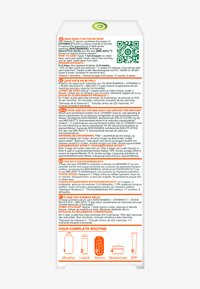 Vit kartong med livfullt färgat text. Innehåller varumärkesinformation, bruksanvisningar och ingredienser på flera språk. QR-kod ingår.