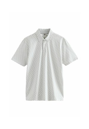 Koszulka polo z krótkim rękawem w jasnoszarym kolorze, z delikatnym wzorem liści, z zapięciem na guziki oraz miękkim bawełnianym materiałem. Standardowy krój.