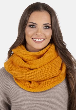 Knitted cowl scarf in a vibrant mustard color, featuring a textured pattern and soft, chunky fabric for warmth and comfort.