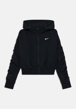 Black cropped hoodie with a zipper, made of soft material. Features elastic cuffs and hem, and a white Nike logo on the chest.