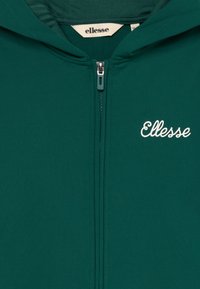 Zöld cipzáras kapucnis pulóver, fehér "Ellesse" logóval a mellkason és olyan zöld cipzárhúzóval, amely a kapucni alatt található.