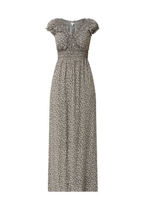 Langes graues Kleid mit kleinem weißem Blumenmuster, kurzen Puffärmeln, geraffter Brust und Taillendetail.