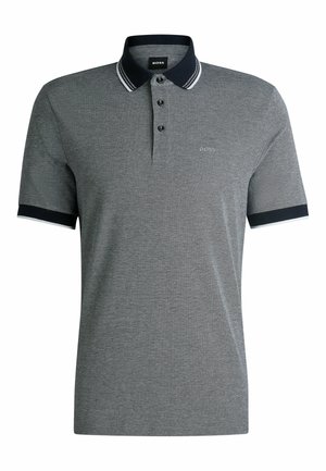 Graues Poloshirt aus strukturiertem Stoff, mit einem marineblauen Kragen mit weißen Streifen, einer Drei-Knopf-Leiste und gesticktem Logo.