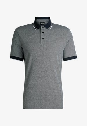 Polo gris hecho de tejido texturizado, con un cuello marino con rayas blancas, tapeta de tres botones y logotipo bordado.