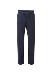Navy blue sweatpants made of soft fabric, featuring a drawstring waist and straight leg design. Smooth texture with minimal detailing.