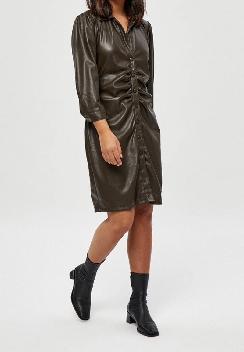 long sleeve fitted leather dress Black Long Sleeve Fitted Leather Dress Black Faux Leather Bodycon Midi Dress, Long Sleeve