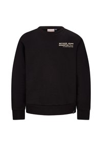 Czarna bluza z miękkiego materiału z okrągłym dekoltem, ściągaczami przy rękawach i dole, z napisem "RETROUR JEANS ESSENTIAL PIECES" na białym tle.