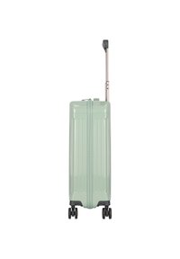 Valigia rigida di colore verde menta, caratterizzata da una texture a righe verticali, manico retrattile e quattro ruote nere per la mobilità.