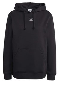 Schwarzer Kapuzenpullover aus Baumwollmix, mit einer Fronttasche, gerippten Bündchen und einem kleinen weißen Logo auf der Brust.