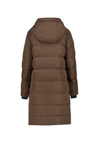 Brun puffjacka med huva, lång design, quiltad textur, elastiska manschetter och en slät yta. Bakvy visar på enkelhet i stil.