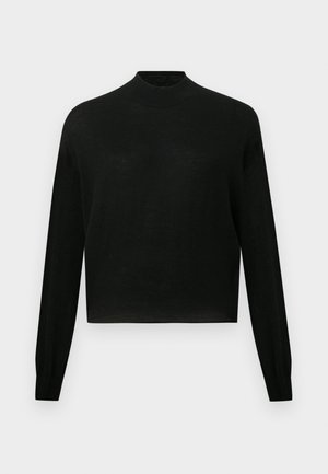 Černý svetr s dlouhým rukávem a stojáčkem, vyrobený z měkké látky. Má zkrácený lem a hladký povrch. Jednoduchý, minimalistický design.