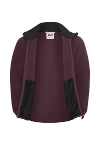 Veste en polaire bordeaux avec un col noir, à l'avant ouvert et deux poches latérales noires. Texture douce et design décontracté. Étiquette visible à l'intérieur.