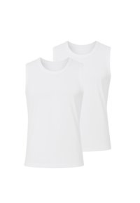Deux t-shirts sans manches blancs, en tissu coton doux, avec un col rond et une coupe décontractée et droite.