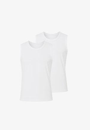 Two white sleeveless t-shirts, made of smooth cotton fabric, featuring a round neckline and a casual, straight cut.
