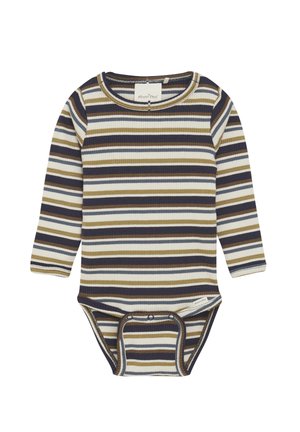 Långärmad ribbade bodysuit med horisontella ränder i olivgrön, marinblå, krämfärgad och brun. Tryckknappsstängning i botten.