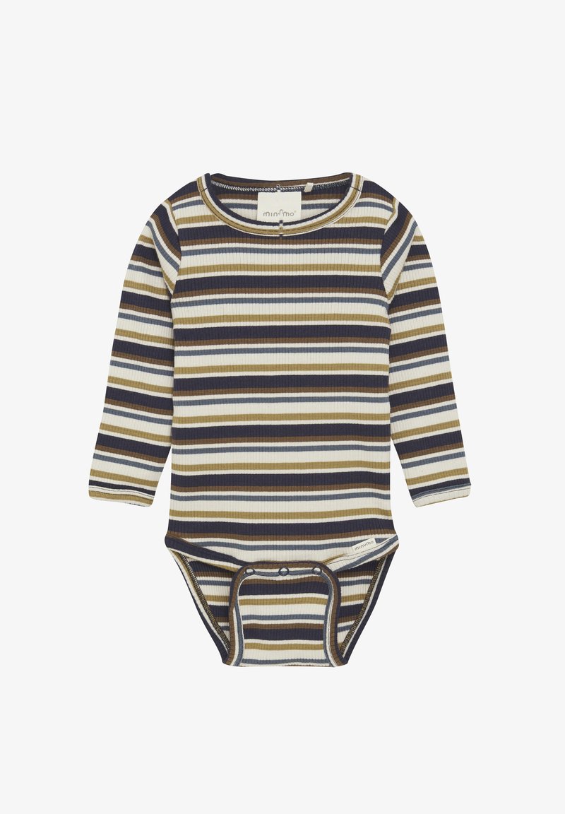 Långärmad ribbade bodysuit med horisontella ränder i olivgrön, marinblå, krämfärgad och brun. Tryckknappsstängning i botten.