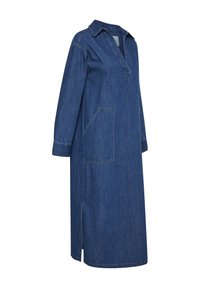 Denim-mekko, jossa on kaulus, pitkät hihat, sivutaskut ja suora leikkaus. Ominaisuuksiin kuuluu tummansininen väri ja halkiot helmassa.