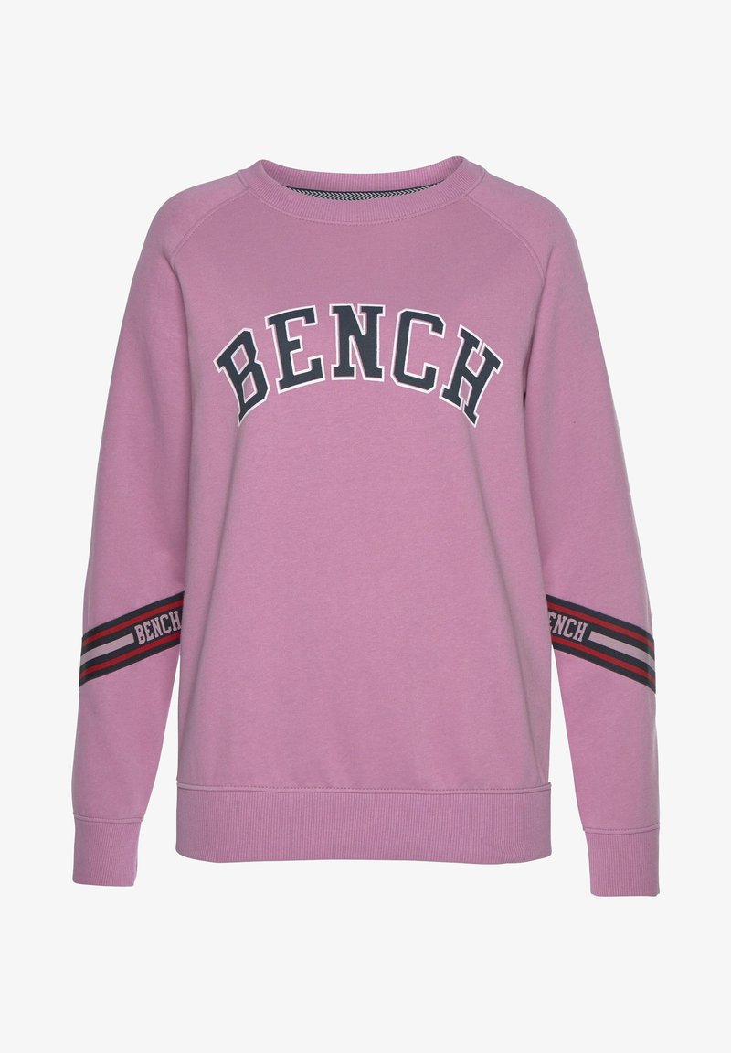 Sweatshirt rose avec le logo noir "BENCH" sur la poitrine et des accents rayés sur les manches. Bords côtes aux poignets et à l'ourlet. Tissu doux et texturé.