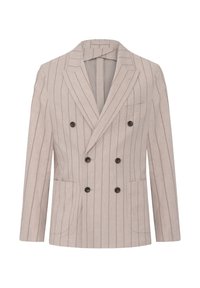 Blazer doppiopetto grigio chiaro con righe verticali, due tasche frontali e bottoni marroni. Il tessuto ha una finitura testurizzata.