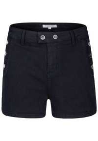 Mörka denimshorts med hög midja, prydda med silverfärgade knappar på sidan och framtill, samt en slät textur.