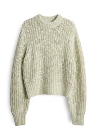 Maglione a maglia verde chiaro, corto, con una trama strutturata, colletto a coste e maniche ampie. Materiale morbido dall'aspetto accogliente.