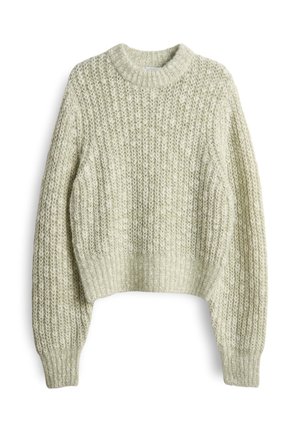 Hellgrüner, kurz geschnittenes Strickpullover mit strukturiertem Gewebe, geripptem Kragen und weiten Ärmeln. Weiches Material mit einem gemütlichen Aussehen.