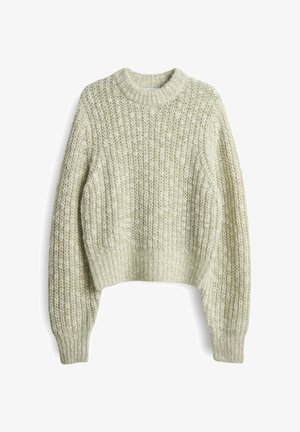 Maglione a maglia verde chiaro, corto, con una trama strutturata, colletto a coste e maniche ampie. Materiale morbido dall'aspetto accogliente.