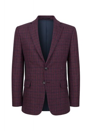 Bordowy marynarka w kratę wykonana z teksturowanej tkaniny, z dwiema guzikami, klapami i jedną kieszenią na piersi. Podszewka w jednolitym granatowym kolorze.