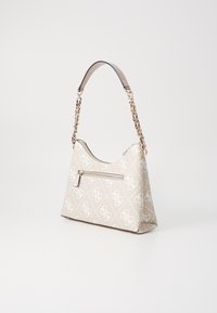 Beige handbag with logo pattern, smooth textured material, a long chain strap, and a zippered front pocket. Angular shape and structured design.