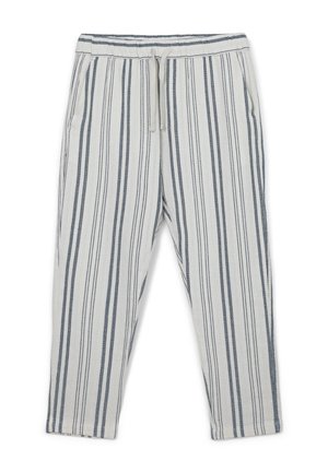 Leichte, cremefarbene Hose mit vertikalen marineblauen Streifen, elastischem Bund mit Kordelzug und seitlichen Taschen. Strukturiert.