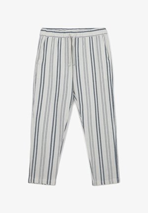Leichte, cremefarbene Hose mit vertikalen marineblauen Streifen, elastischem Bund mit Kordelzug und seitlichen Taschen. Strukturiert.