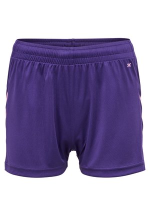 Paars sportieve shorts met een elastische tailleband. Glad materiaal, met roze accenten aan de zijkanten en een logo op de heup.
