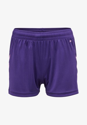 Lilla atletiske shorts med elastisk talje. Glat stof med pink detaljer på siderne og et logo på hoften.