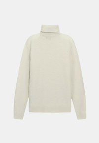 Maglione a collo alto beige chiaro con polsini e orlo a costine, realizzato in tessuto morbido, caratterizzato da una vestibilità comoda e senza motivi o accentuazioni visibili.
