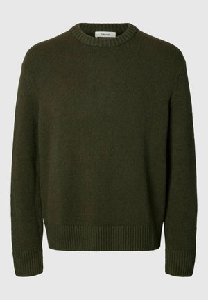 Tumši zaļš adīts krekls ar apaļu kakla izgrieztni, ribotām piedurknēm un apakšmalu, ar maigu tekstūru un standarta piegriezumu.