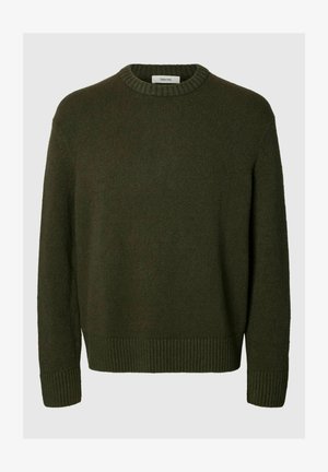 Tumši zaļš adīts krekls ar apaļu kakla izgrieztni, ribotām piedurknēm un apakšmalu, ar maigu tekstūru un standarta piegriezumu.