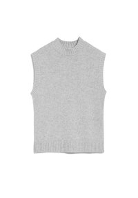 Szary sweter bez rękawów z wysokim dekoltem, żebrowanym wykończeniem i gładką fakturą. Prosty design, odpowiedni do warstwowego noszenia.