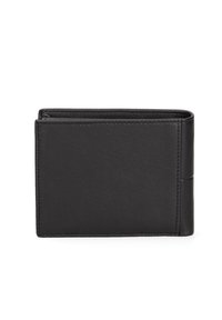Black leather wallet with a smooth texture, bi-fold design, and visible stitching. Features card slots on one side and a sleek profile.