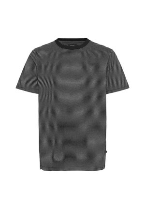 Crna i siva prugasta majica kratkih rukava s okruglim izrezom. Izrađena od mekog materijala, s ravnim krojem i minimalnim detaljima.