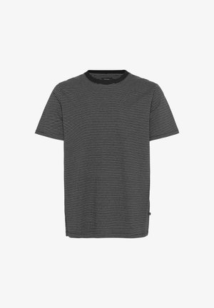 Crna i siva prugasta majica kratkih rukava s okruglim izrezom. Izrađena od mekog materijala, s ravnim krojem i minimalnim detaljima.