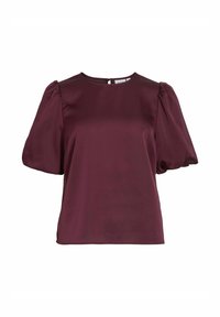 Top corto bordeaux con texture liscia, scollatura rotonda e maniche a palloncino. Include una chiusura sul retro con dettaglio a chiave.