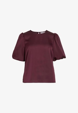 T-shirt bordeaux à manches courtes avec une texture lisse, un col rond et des manches bouffantes. Comprend une fermeture au dos avec un détail en forme de clé.