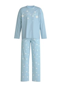 Hellblaues langärmliges Pyjamashirt mit dem Aufdruck "pretty cool" und Schneeflockenmotiven. Die passenden Hosen sind mit verstreuten weißen Schneeflockenmustern verziert.