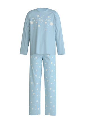 Hellblaues langärmliges Pyjamashirt mit dem Aufdruck "pretty cool" und Schneeflockenmotiven. Die passenden Hosen sind mit verstreuten weißen Schneeflockenmustern verziert.